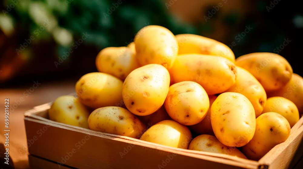 close up of a tray full of delicious freshly picked farm fresh potatoes, organic product. view from above. AI generate
