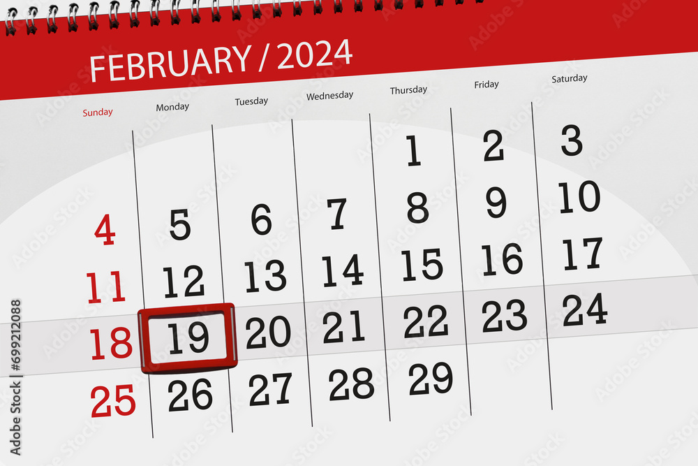 Calendar 2024, deadline, day, month, page, organizer, date, February, monday, number 19 - obrazy, fototapety, plakaty 