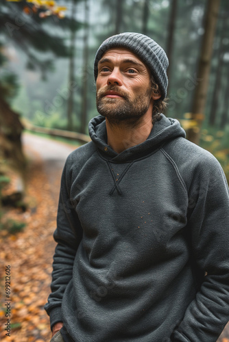 White Male Model in grey beanie | Plain Grey crewneck Sweatshirt | Sweatshirt Mockup | Forest Hike
