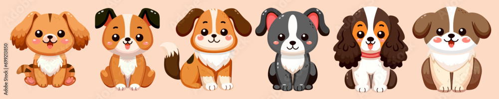 Naklejka premium Cute and smile dogs set, doodle pets friends. Collection of funny adorable dogs or fluffy puppies cartoon character design with flat color. Pets companions friendship. Illustration for sticker, print.