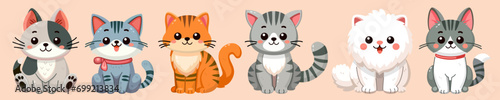 Cute and smile cats set, doodle pets friends. Collection of funny adorable cats or fluffy kittens cartoon character design with flat color. Pets companions friendship. Illustration for sticker, print. © Yuliia Sydorova