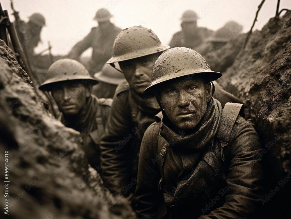 Historic black-and-white photo: World War I soldiers endure grim trench life, camaraderie amidst adversity.