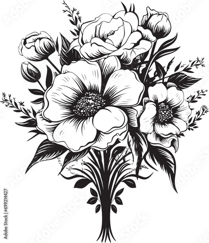 Intricate Petal Ensemble Decorative Black Icon Whimsical Flower Bouquet Black Emblem Design