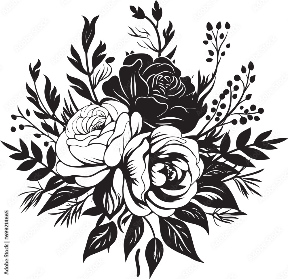 Fototapeta premium Regal Floral Medley Black Bouquet Emblem Chic Petal Fusion Decorative Black Icon
