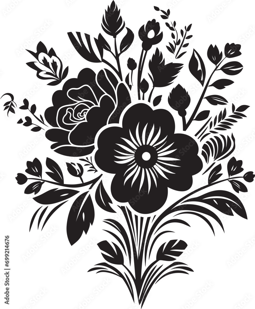 Majestic Bouquet Fusion Black Floral Design Vintage Bloom Ensemble Decorative Black Emblem