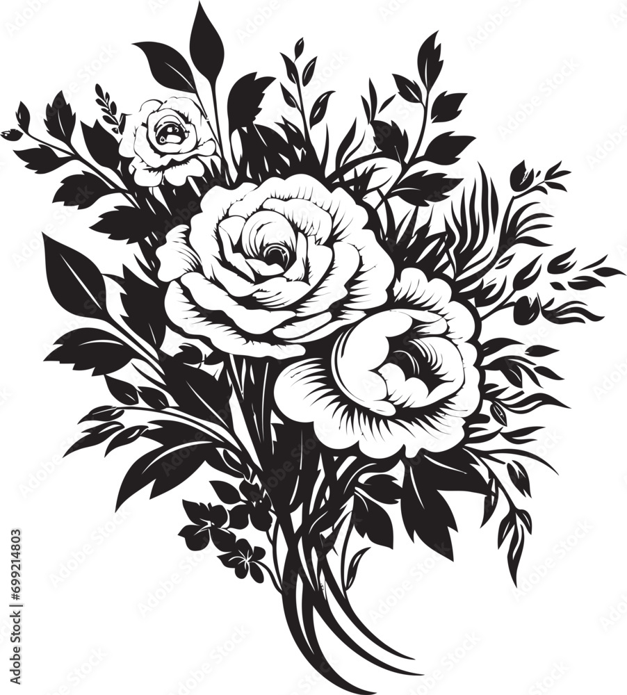 Majestic Flower Cluster Decorative Black Vector Icon Vintage Petal Arrangement Black Bouquet Emblem