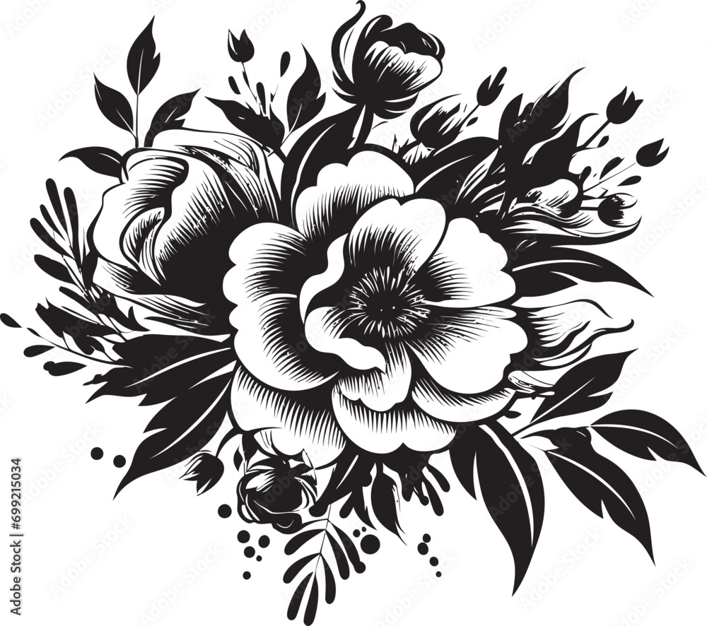 Sophisticated Flower Posy Decorative Black Logo Vintage Blossom Medley Black Vector Bouquet