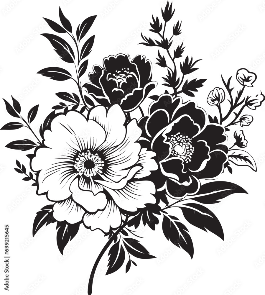 Timeless Flower Posy Black Floral Logo Whispering Bouquet Medley Decorative Black Vector Emblem