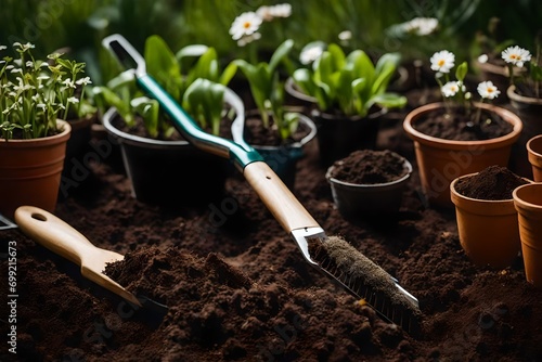 gardening tools in garden, \
Search by image or video Spring gardening concept - gardening tools with plants, flowerpots and soil stock photo