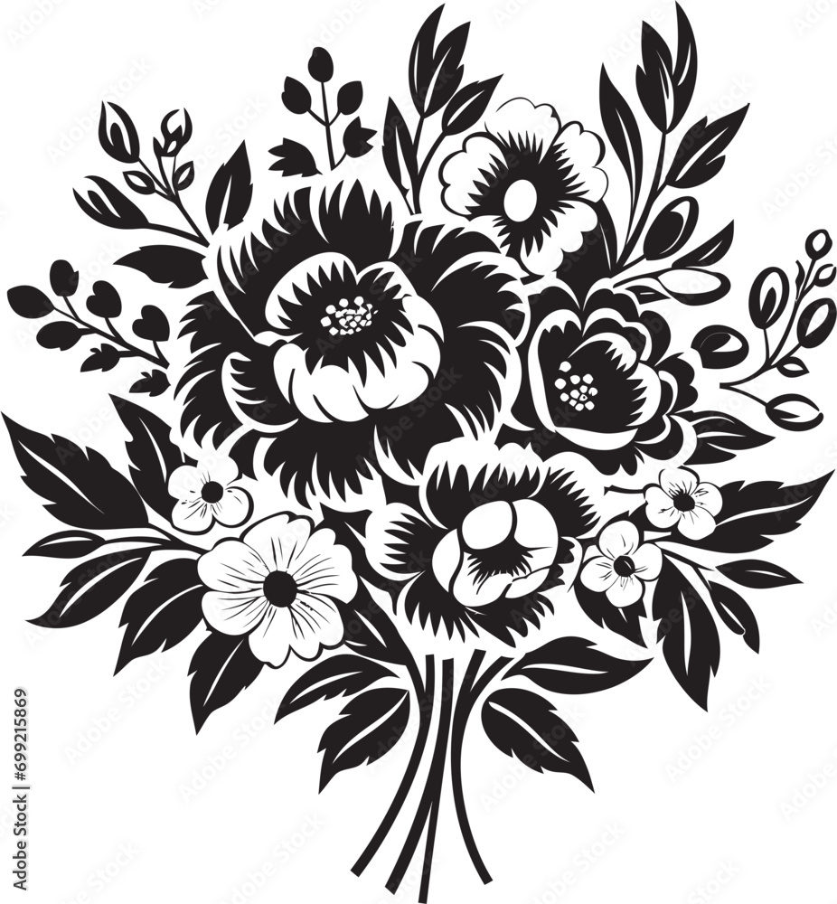 Chic Floral Fusion Decorative Black Bouquet Logo Majestic Bouquet Assembly Black Vector Emblem