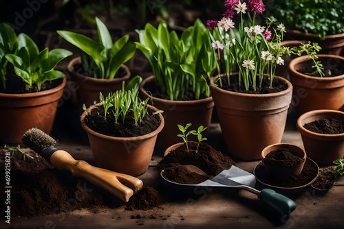 tools and flowers, Search by image or video Spring gardening concept - gardening tools with plants, flowerpots and soil stock photo