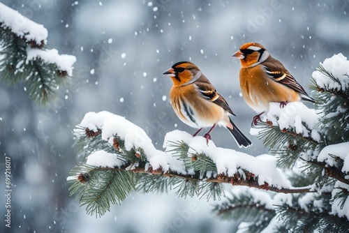bird in the snow, Search by image or video Beautiful winter scenery with European Finch birds perched on the branch within a heavy snowfall stock photo