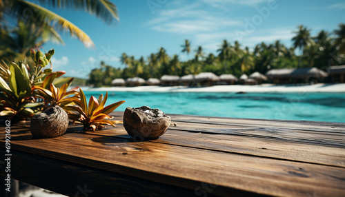 Idyllic tropical coastline, palm tree, sand, and blue water generated by AI photo