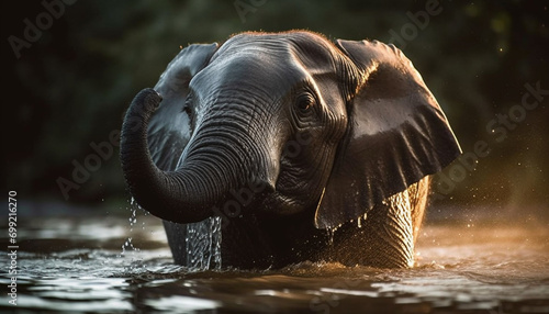 Large African elephant walking in the tropical rainforest, looking at camera generated by AI