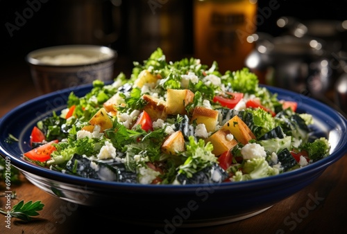 Colorful Salad in Blue Bowl on Wooden Dining Table