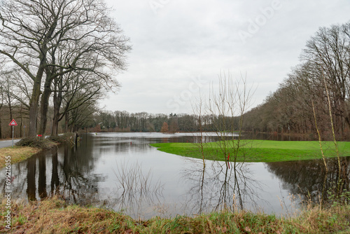 Hattem, the Netherlands - December 27th, 2023: after weeks of heavy rainfall the local golf course is flooded.