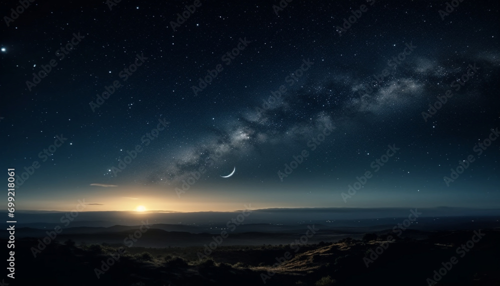 Night sky illuminates the majestic mountain range in a tranquil scene generated by AI