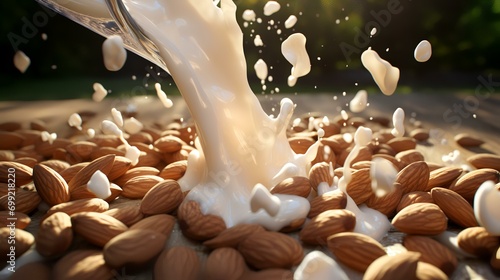 Almond milk splashing out of a glass, 3d rendering