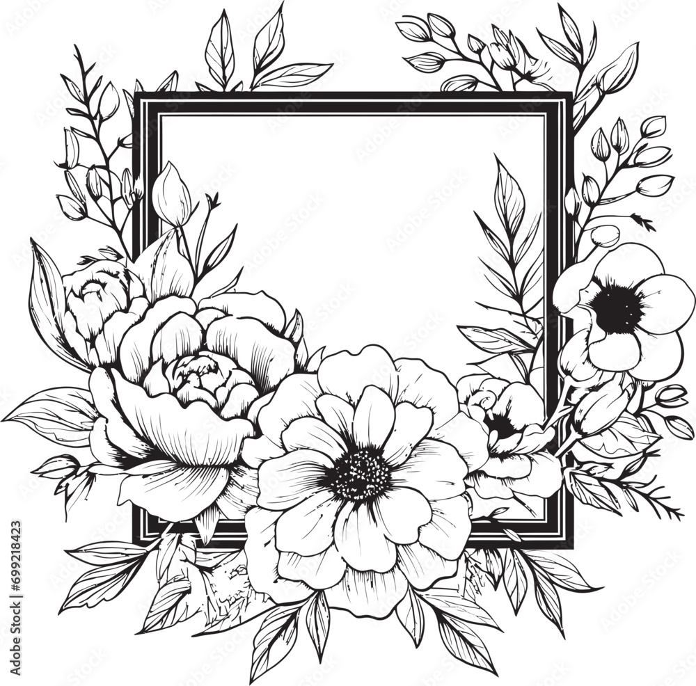 Floral Elegance Ornate Frame Logo in Black Chic Blossoms Vector Logo with Decorative Frame