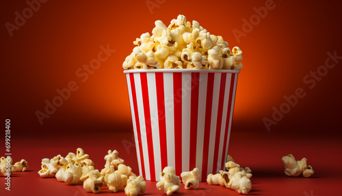 Watching a movie with a bucket of popcorn and candy generated by AI