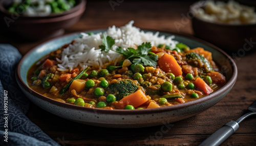 Freshness and healthy eating on a rustic wooden table, homemade stew generated by AI