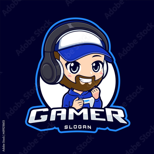 Gaming streamer boy with beard hype expression logo and badge vector