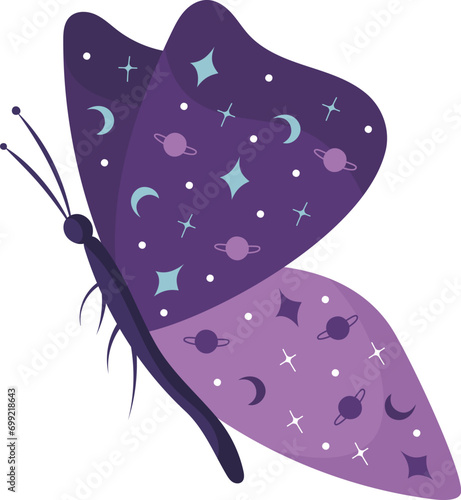 Hand draw butterfly on white background in purple colors with stars and moon.Vector.