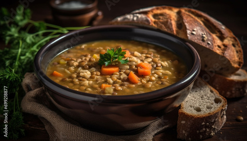 Homemade vegetable soup, healthy eating, fresh ingredients, rustic bread generated by AI © Jeronimo Ramos