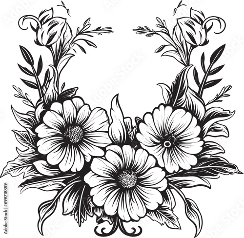Fototapeta Naklejka Na Ścianę i Meble -  Sculpted Bloom Boundary Black Floral Emblem Gothic Floral Encase Decorative Black Icon