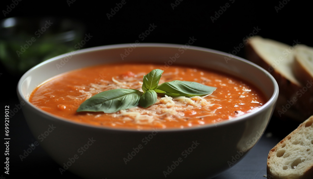 Healthy vegetarian tomato soup served in a homemade bread bowl generated by AI