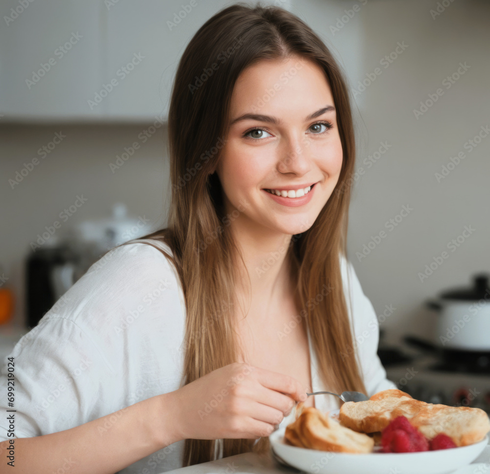 woman having breakfast in kitchen woman having breakfast in kitchen