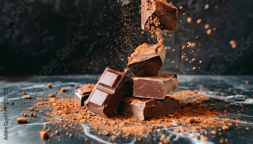 chocolates caindo e cacau em pó, fundo escuro photo