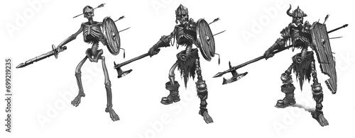 Big set Skeleton halberd warrior and shield sketch illustration isolate black white.