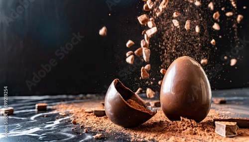 ovo de páscoa com chocolates caindo ao redor e cacau em pó, fundo escuro