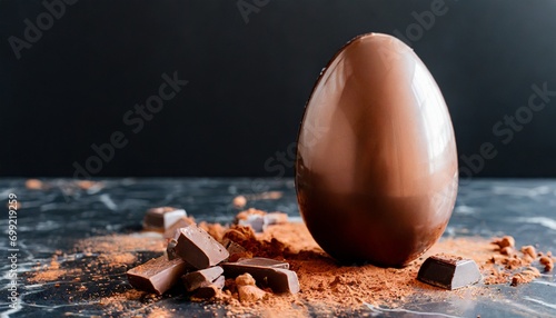 ovo de páscoa com chocolates cacau em pó sobre a mesa de mármore, fundo escuro
