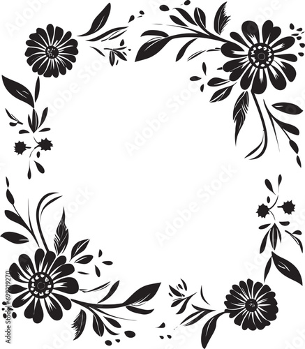 Intricate Floral Wreath Black Vector Frame Whimsical Flower Boundary Decorative Black Logo
