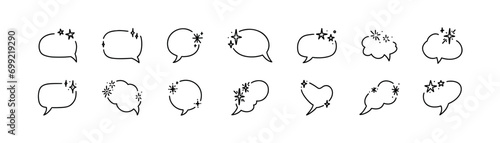 Doodle star speech bubble set. Simple border frame with cosmic ornament. Line art cute sparkle decoration. Party surprise thunking cloud. Sketch glitter text box