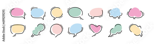 Comic hand drawn loose speech bubble frame set. Cute line decoration for title, notes, dialog, chat, think, headline, talk, comment expression. Callout balloon. Handwriting simple background