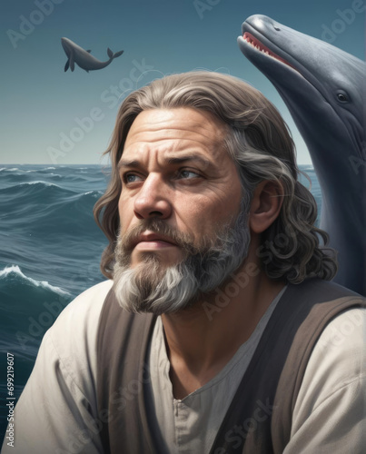 Illustration of Jonah and the Whale - Realistic biblical figure in flat illustration style with two-tone shading, high resolution Gen AI