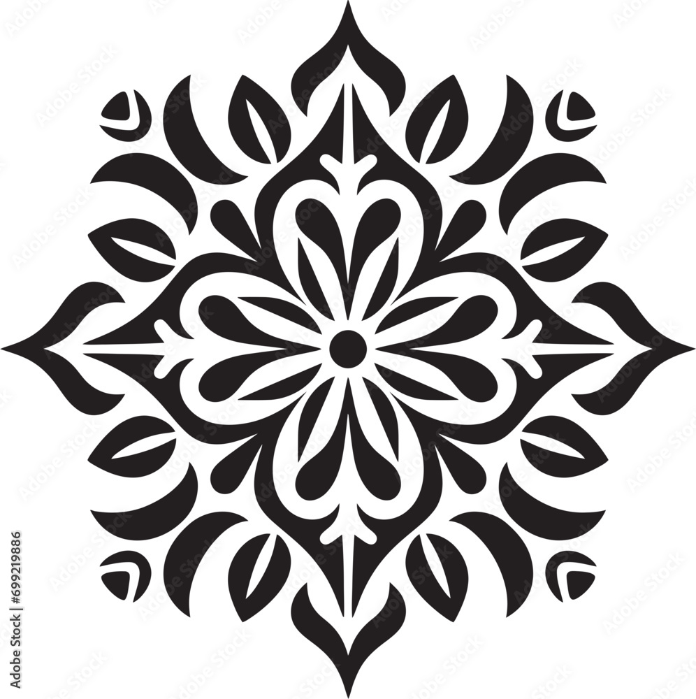 Fototapeta premium Geometric Floral Tiles Black Vector Icon Mosaic Petals Floral Tile Design in Black