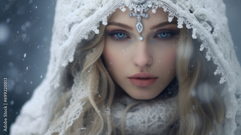  Winter has come. Portrait of a snow queen with snow falling around her.