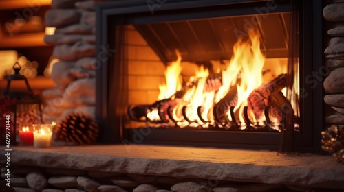 Winter cozy burning fireplace at home. Xmas and Christmas holidays concept. Generative AI