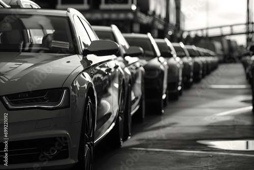 A lot of cars in a rows. Used car sales photo