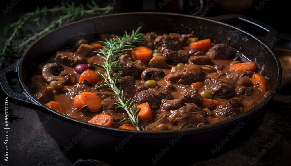 A rustic homemade beef stew, cooked with fresh vegetables and herbs generated by AI A rustic homemade beef stew, cooked with fresh vegetables and herbs generated by AI
