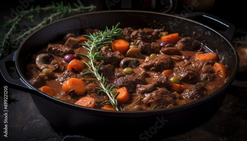 A rustic homemade beef stew, cooked with fresh vegetables and herbs generated by AI