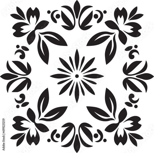 Abstract Garden Black Vector Icon with Florals Tessellated Blooms Geometric Floral Tile Pattern