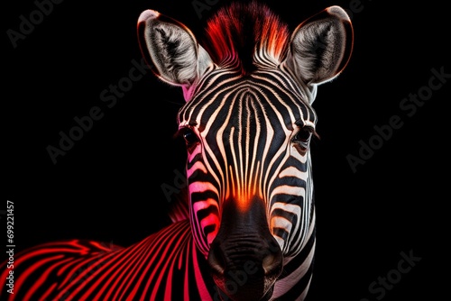 A colorful zebra with a black background and a red spot in the middle of the picture is a black background