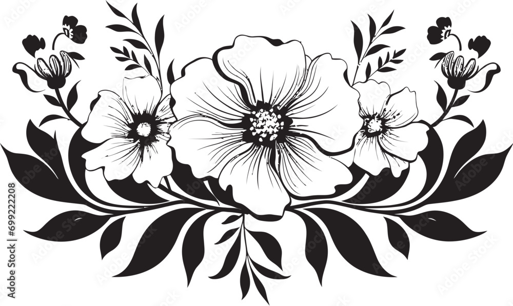 Noir Blossom Medley Black Floral Logo Elements Chic Inked Garden Whimsy Hand Drawn Florals
