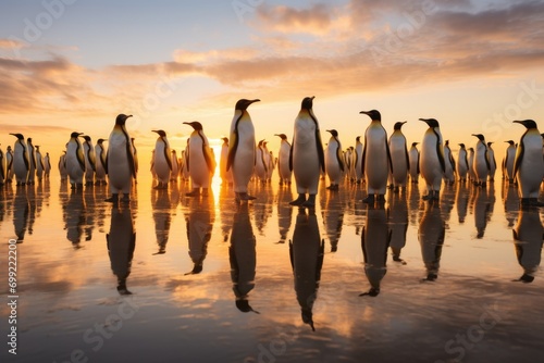 a large group of penguins walk on a beach at sunset,