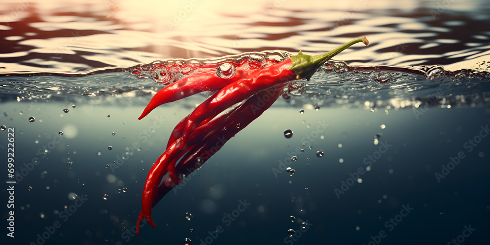 Close up of hot chili pepper fell into the water and the water splashed up with water background - obrazy, fototapety, plakaty 